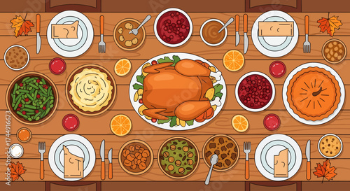 An overhead cartoon illustration of a traditional Thanksgiving dinner table set with a roasted turkey, side dishes, and pumpkin pie.
