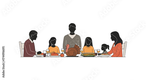 A silhouette illustration of a family of six enjoying a holiday dinner together around a table with a roasted turkey.