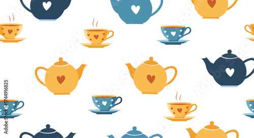 A charming seamless pattern of teapots and cups adorned with hearts.