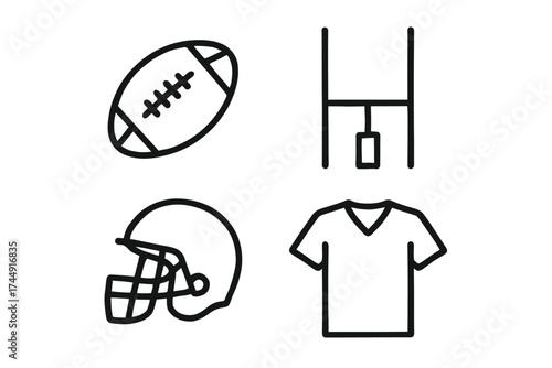American football icons: ball, goalpost, helmet, and jersey in minimalist design