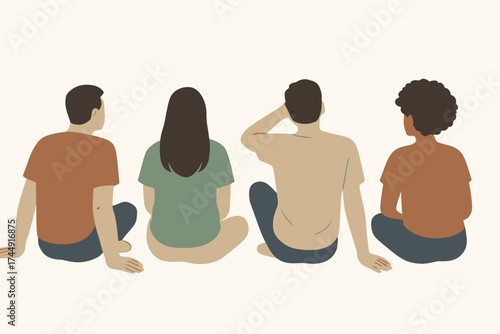 Diverse group of young adults sitting together back view