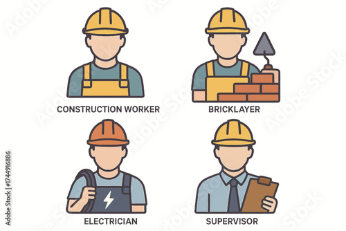 Male construction workers: bricklayer, electrician, and supervisor roles illustrated