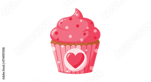 A sweet pink cupcake with polka dots and a heart decoration.