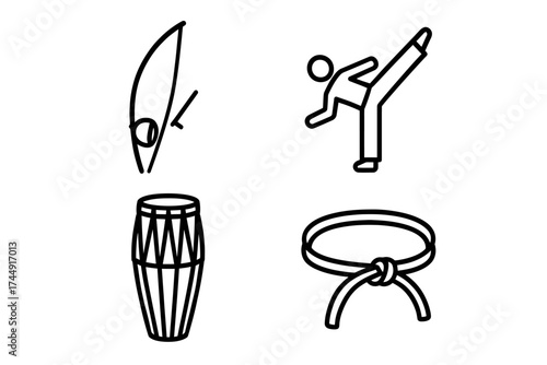 Capoeira icons: berimbau, capoeirista, drum, cord belt symbols