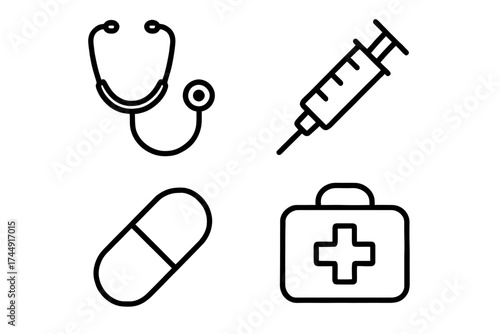 Medical symbols: stethoscope, syringe, pill, first aid kit icons