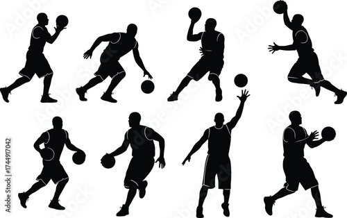 Basketball player silhouette action poses, dribble and shoot movements, sports concept, vector illustration, black and white artwork, athletic motion