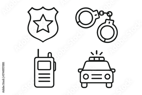 Icons of policing: badge, handcuffs, radio, and police car in minimalist design