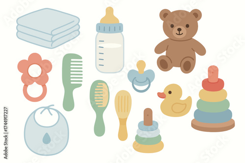 Cute baby items collection featuring toys, bib, bottles, and combs