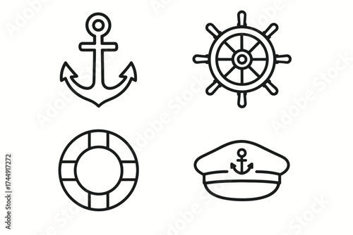 Nautical icons: anchor, ship wheel, lifebuoy, captain hat in black outline