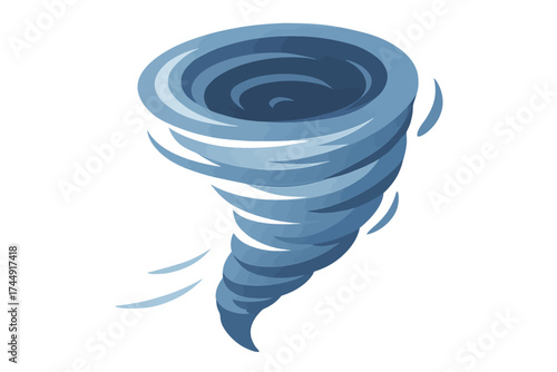 Blue tornado illustration depicting whirling cyclone in motion