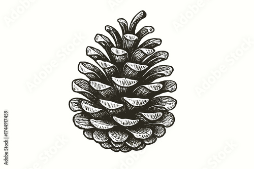 Detailed black and white pinecone drawing on white background