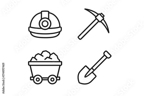 Mining equipment icons: helmet, pickaxe, coal cart, shovel