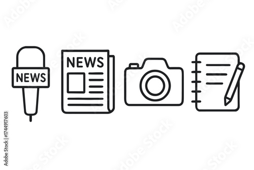 Line art icons: microphone, newspaper, camera, notepad representing journalism