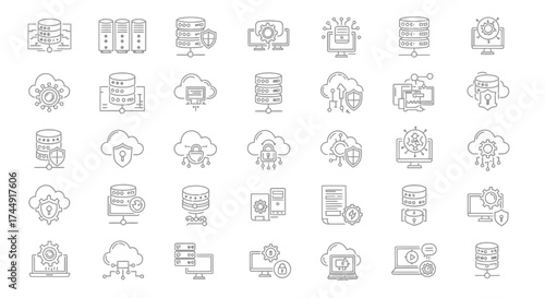 Cloud computing and network infrastructure thin line icon set for design elements