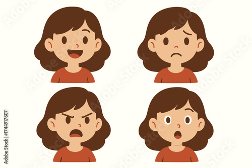 Cartoon emotions: young asian female expressing happiness, sadness, anger, and surprise
