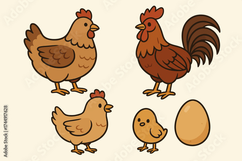 Cartoon farm animals: hen, rooster, chick, egg - cute chicken family illustration