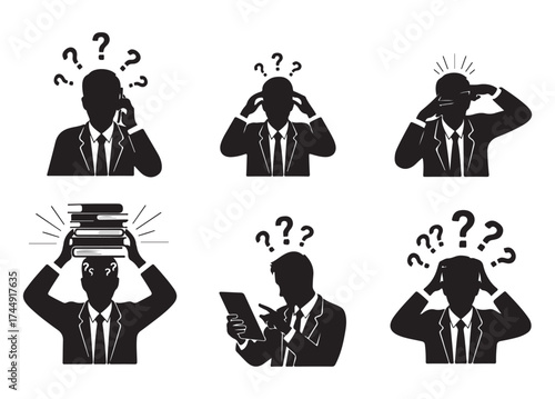 Silhouettes of businessmen expressing confusion and stress through various gestures and symbols.