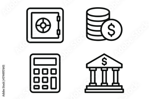 Finance symbols: safe, coins, calculator, bank icon set