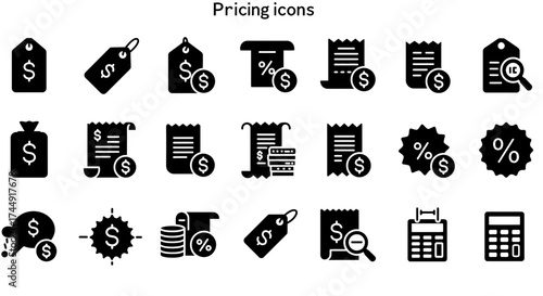 Collection of black glyph icons representing business pricing and finance concepts