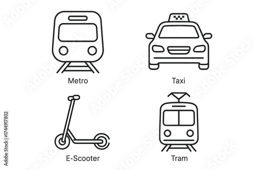 Outline icons of metro tram taxi and e-scooter transportation modes