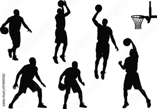 Basketball player silhouette action poses, dunk and dribble movements, sports concept, vector illustration, black and white artwork, athletic motion