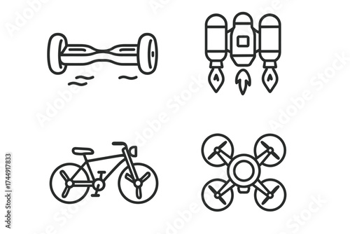 Set of simple line icons: hoverboard, jetpack, bicycle, drone
