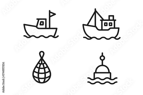 Minimalist nautical icons: boats, fishing net, buoy in black and white