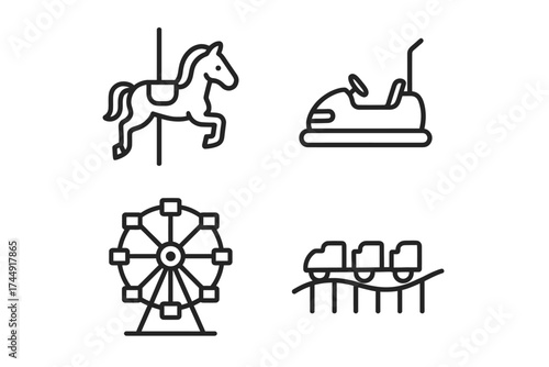 Amusement park icons featuring carousel, bumper car, ferris wheel, and roller coaster