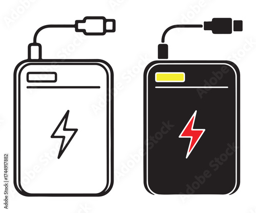 A set of two portable power bank icons, one in black and white outline and the other in color, both with charging cables.