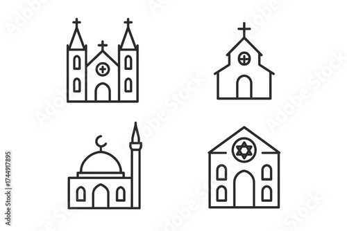 Outline icons of religious buildings: church, mosque, synagogue illustrated
