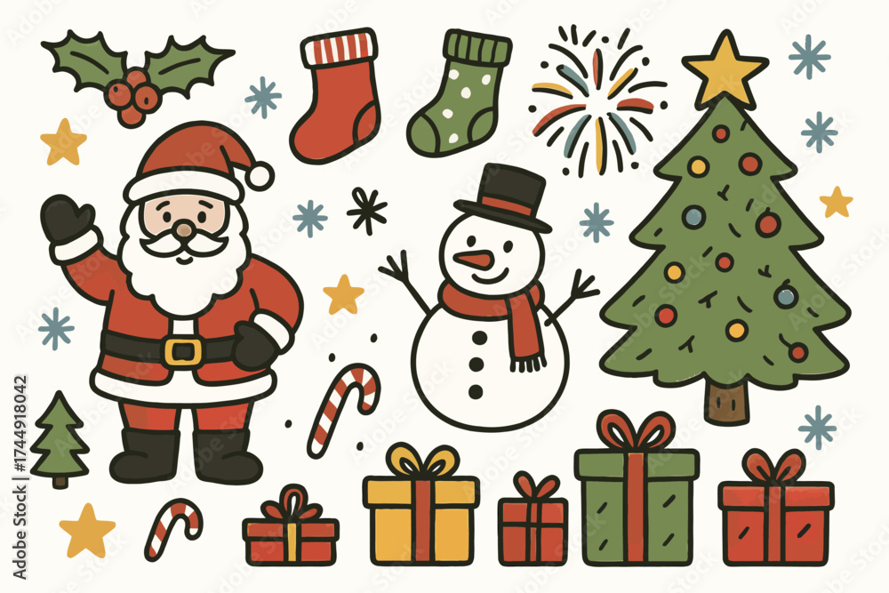 Obraz premium Festive christmas scene with santa, snowman, and holiday decorations