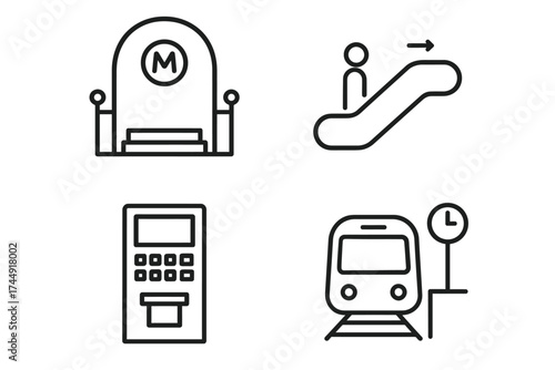 Subway symbols: entrance, escalator, ticket machine, train icon set