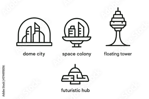 Line art icons: dome city, space colony, floating tower, futuristic hub