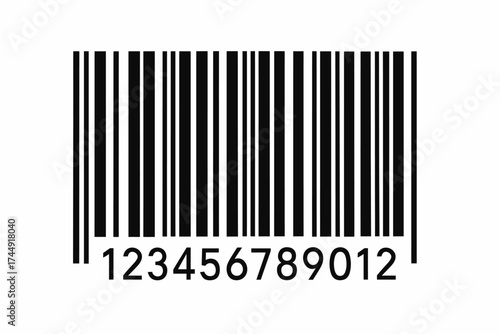 Black barcode on white background with numbers 123456789012 in bold modern design