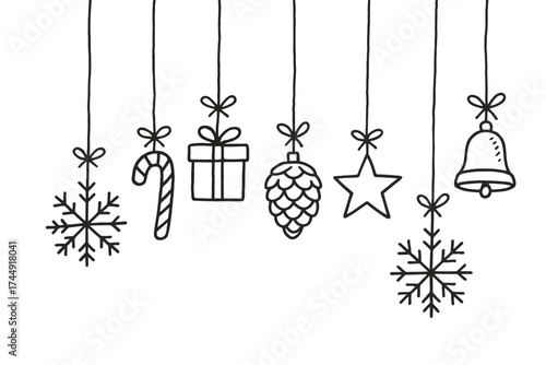Christmas hanging decorations: snowflake, candy cane, gift, pine cone, star, bell