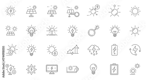 Collection of linear icons representing renewable energy sources and energy efficiency