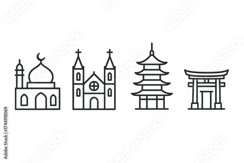 Outline icons of diverse religious buildings: mosque, church, pagoda, shinto shrine