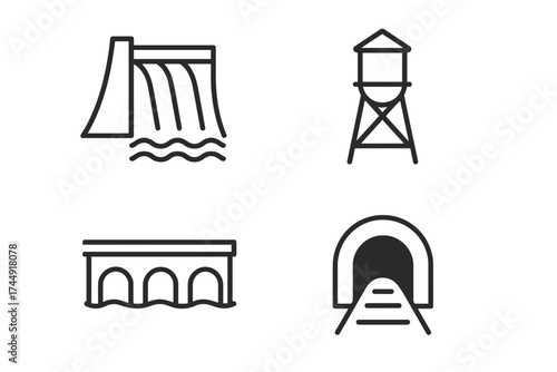 Black and white outline icons of dam, water tower, bridge, and tunnel