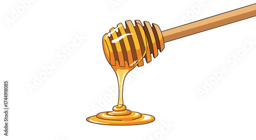 Viscous liquid dripping from a wooden honey dipper.