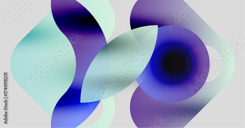 Abstract shapes overlap, creating fluid gradients. Blues, purples, greens blend softly against white background. Modern design, smooth transitions.