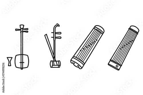 Traditional asian string instruments: erhu, shamisen, koto line art collection