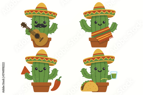 Mexican-themed cartoon cacti with sombreros and various props