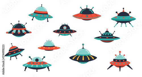 A collection of retro pixel art flying saucers.