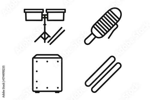 Line art musical instruments set: bongo, guiro, cajon, claves