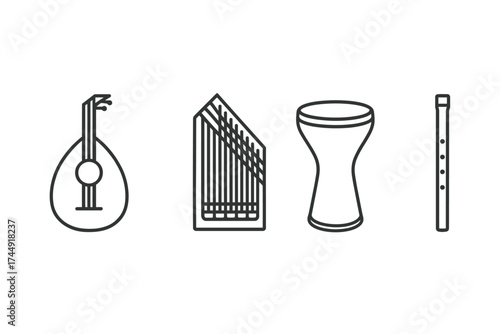 Outline of middle eastern musical instruments: oud, qanun, darbuka, ney