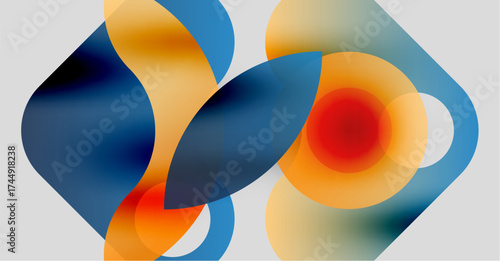 Abstract shapes overlap, creating vibrant color blends. Orange, blue, red hues dominate composition. Smooth gradients define forms. Minimalist design.