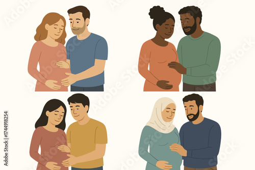 Diverse couples embracing pregnancy journey with joyful expressions