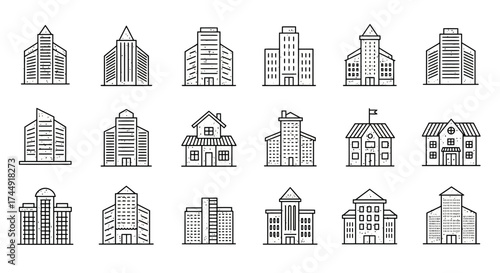 Collection of minimalist line art building icons representing urban architecture