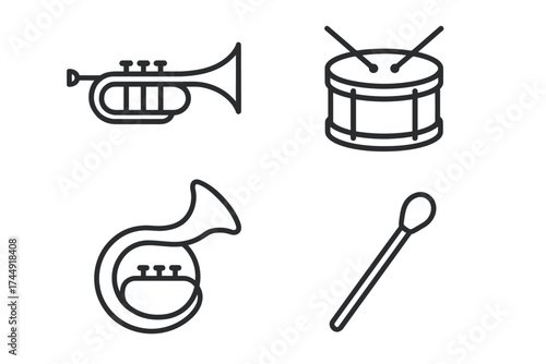 Outline illustrations of trumpet, drum, tuba, and drumstick musical instruments