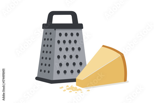 Metal grater and cheese wedge on white background